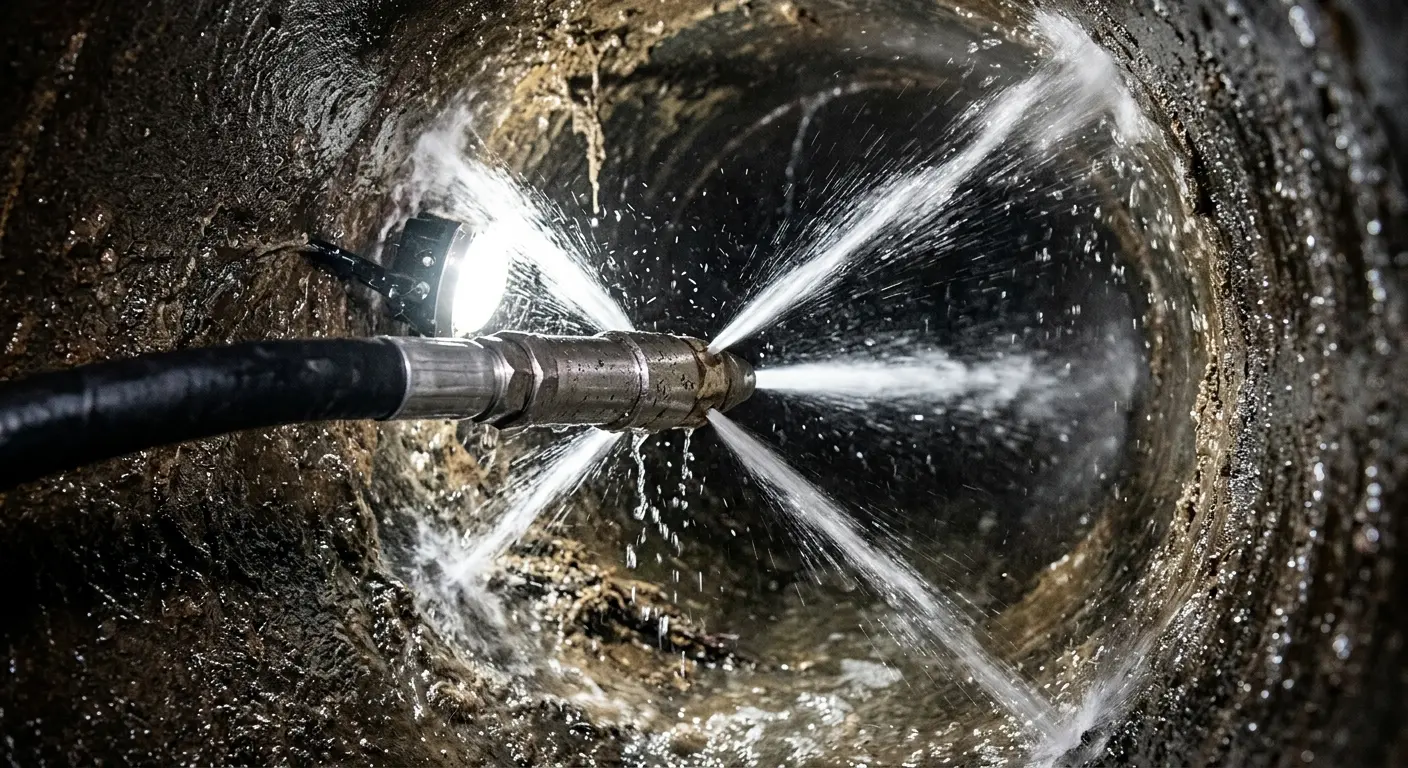High-pressure hydro jetting nozzle cleaning sewer pipe for Sewer Cleanout in Del Rio
