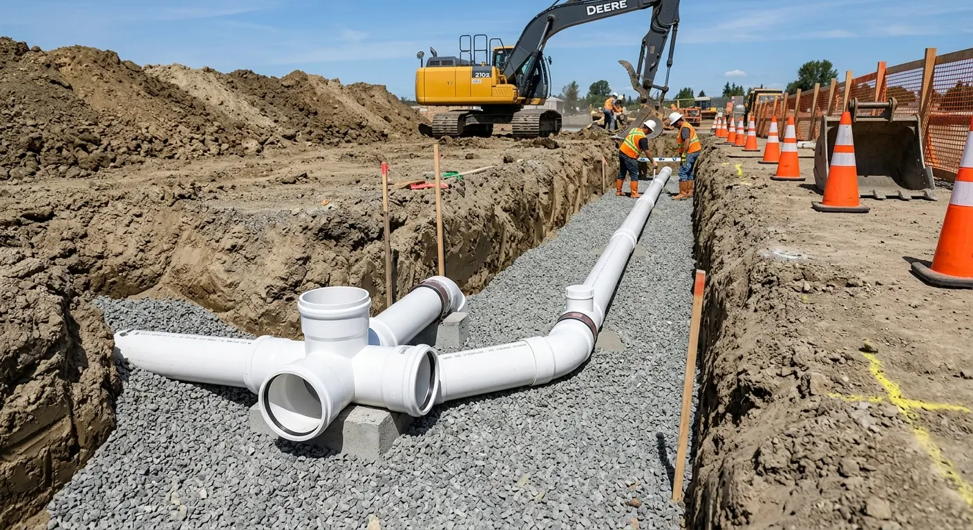New PVC sewer pipe installation in open trench for Commercial Drain Cleaning in Del Rio