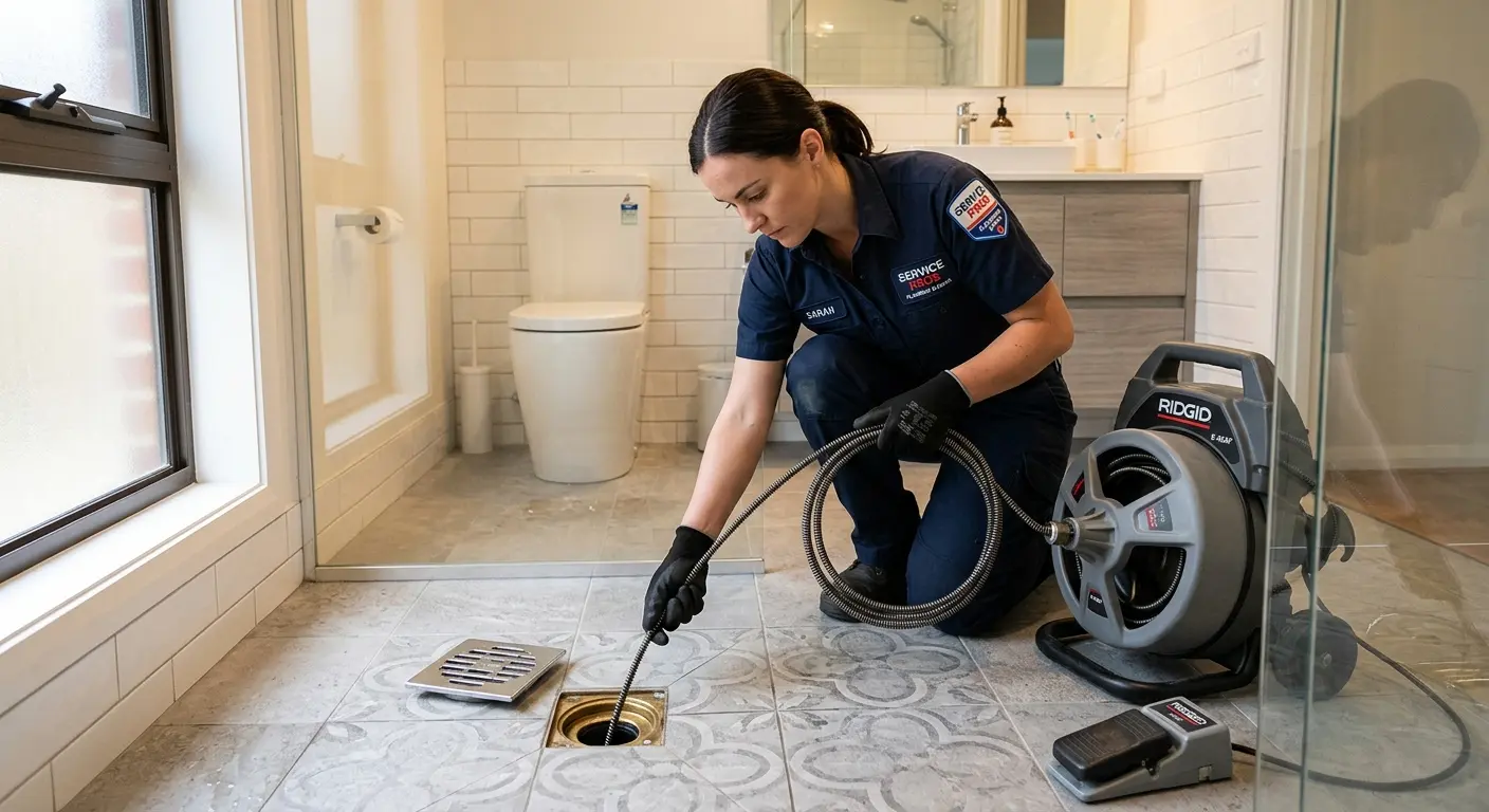 Technician clearing a bathroom floor drain for Drain Cleaning in Del Rio